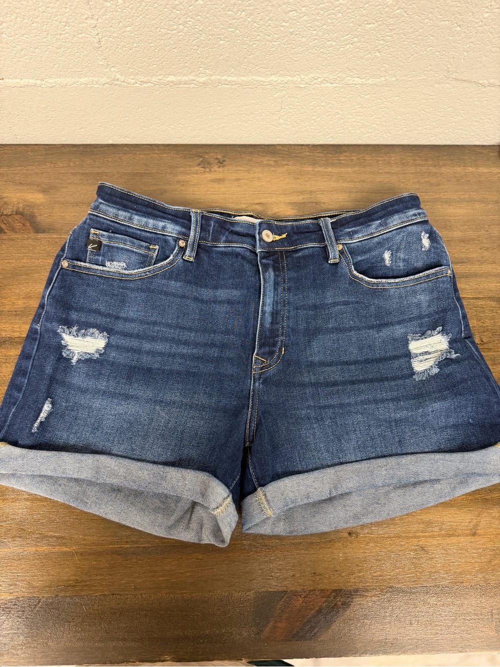KanCan Dark Blue Distressed Rolled-Hem Denim Shorts